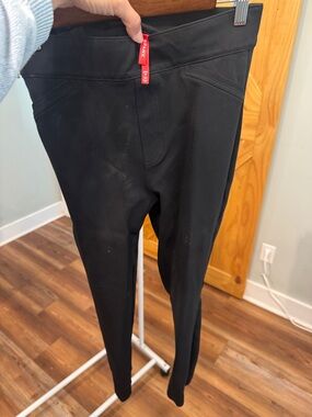 SPANX Black Leggings with Red Logo Tab